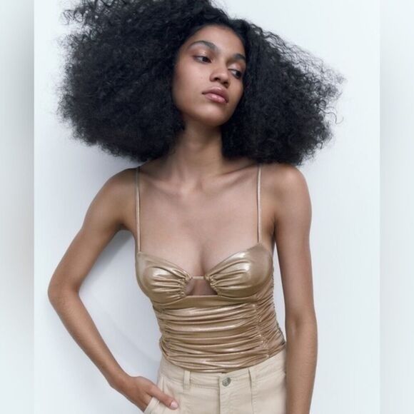 Zara Tops - NWT Zara Metallic Gold Ruched Liquid Bodysuit with Cutout Medium 7818/384/303